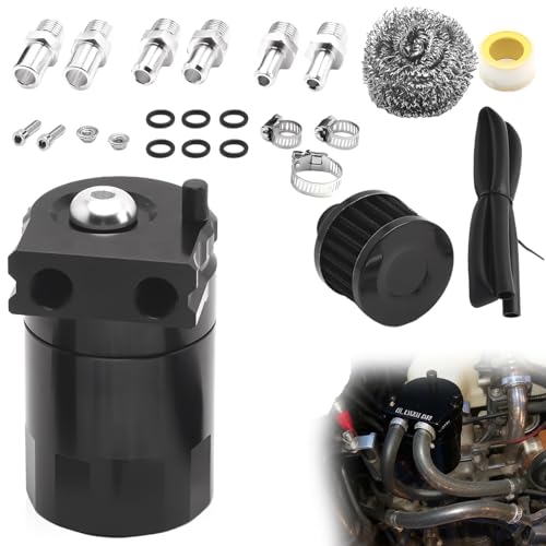 GOMETY decanter vapori olio, Universale oil catch can, con 300ml Alluminio recupero vapori olio motore, con filtro dell'aria, tubo flessibile e altri accessori, aspiratore olio motore auto (Nero)
