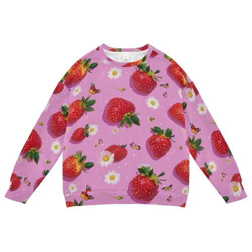 JUNZAN Fresh Strawberries Fruit Hot Pink Big Girls Hoodie Sweatshirt Long Sleeve Tops Clothing Shirts Camping 4T