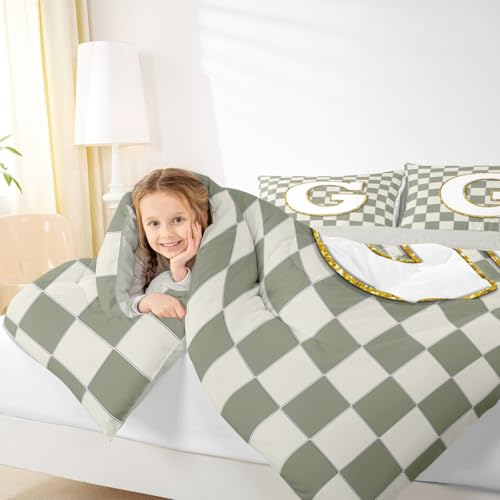 Image of Erosebridal Sage Green Checkered Comforter Set Queen Plaid Initial G Bedding Set Personalized Monogram Comforter for Kids Adults,Fashion Grids Gingham Quilt Duvet