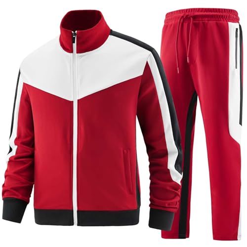ANOTWENER Survêtement décontracté à manches longues avec fermeture éclair pour homme 2 pièces, rouge, XL