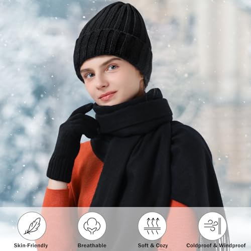 Winter Hat Beanie Long Scarf Touchscreen Gloves Set, 3Pcs Soft Thick Fleece Lined Gloves Skull Cap Scarf Set for Women3