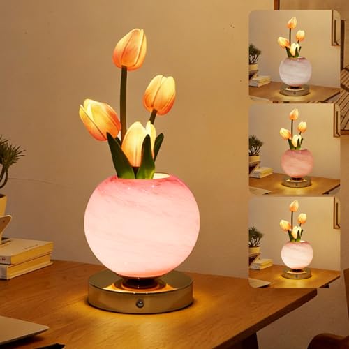 CECOMBINE Lampade a forma di tulipano, lampada da tavolo a tulipano a 3 colori, lampada da tavolo senza fili ricaricabile tramite USB, decorazione per feste e casa, regali romantici per ragazze, donne