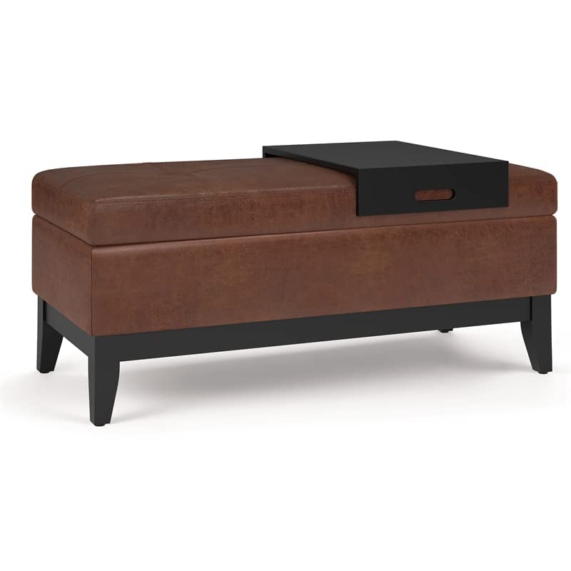 SIMPLIHOME Oregon 42 inch Wide Transitional Rectangle Lift Top Storage Ottoman Bench Removable Tray, Upholstered Distressed Saddle Brown Tufted Faux Leather, Coffee Table for Living Room