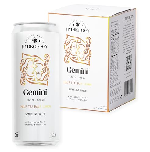 Hydrology Zodiac Water - Gemini Half Tea Half Lemon - Organically Flavored Social Sparkling Water with unique Vitamins and Minerals tailored to the Gemini Zodiac Sign, Astrology Drink for Birthday Gift (4-Pack, Gemini - Half Tea Half Lemon)