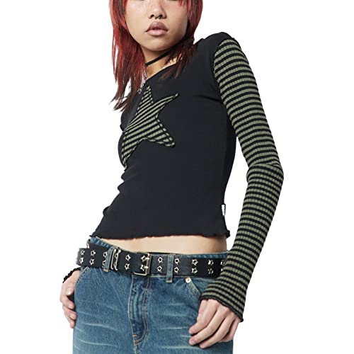 Women Vintage Star Pattern Stripes Patchwork T Shirts Long Sleeve Crew Neck Crop Top Casual Y2K 90s Streetwear4