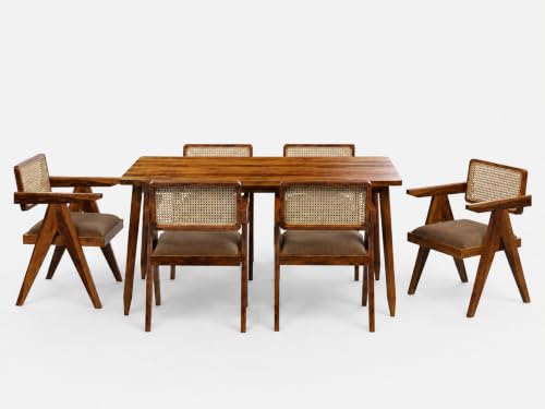 Image of Wooden Dining Table Set with 6 Chairs, Natural Oak, Sheesham Wood, Modern Style, Cane Back Chairs with Cushions, (Table (150 cm x 90 cm)