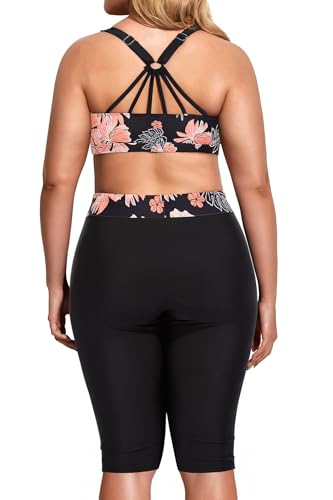 Image of Holipick Women Plus Size Swimsuits - Athletic 3 Piece Tankini with Shorts | Sports bikini top, high waist shorts, tank top, removable pads. Athletic style for water activties