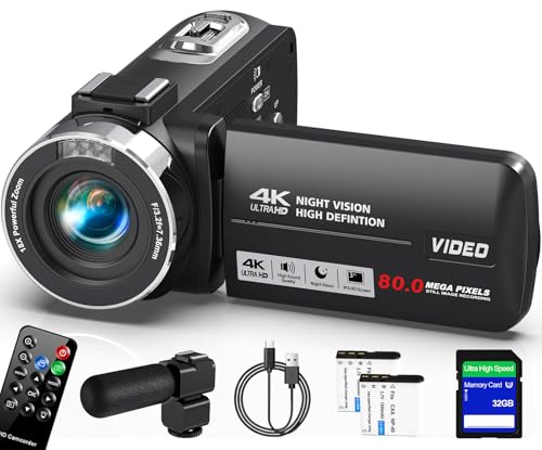 Image of Camcorder Video Camera 4K Ultra 80MP Vlogging Camera for YouTube IR Night Vision Camera 18X Digital Zoom 3.0 IPS Screen Video Recorder with 32GB SD Card, 2 Batteries, Microphone and Remote Control