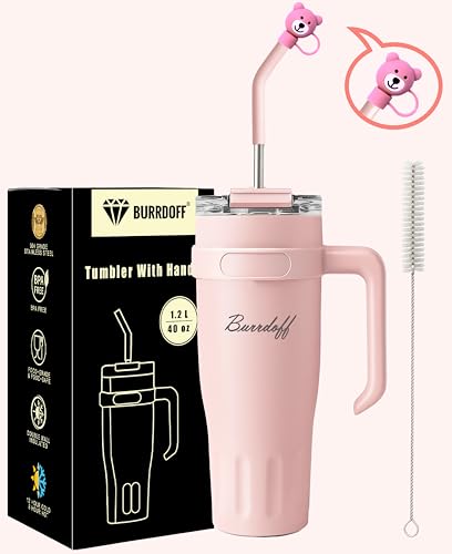 Image of Insulated Tumbler with Straw Lid and Handle (1200 ML) Double Wall Sipper Water Bottle for Adults, Tumbler Bottle with Straw (Pastel Rosette, 1200 ML, with Bear Straw Cover)