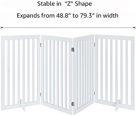 unipaws Freestanding Dog Gate, Foldable Pet Fence, Indoor Wood Barrier, Assembly Free Stair Gate with 2PCS Support Feet (91cm H, 4Panels, White)