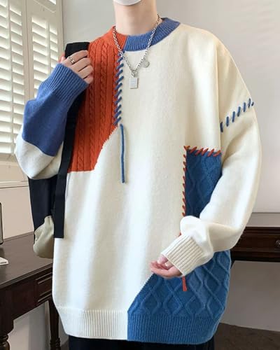 Men's Crewneck Cable Knit Patchwork Sweaters Long Sleeve Casual Pullover Top2
