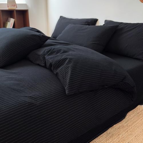 Image of PinkMemory Black Striped Duvet Cover Queen White Pinstripe Duvet Cover Bedding Set 100% Washed Cotton Stripes Patterned 3pcs Retro Striped Bedding with Zipper Closure Corner Ties,Soft Breathable