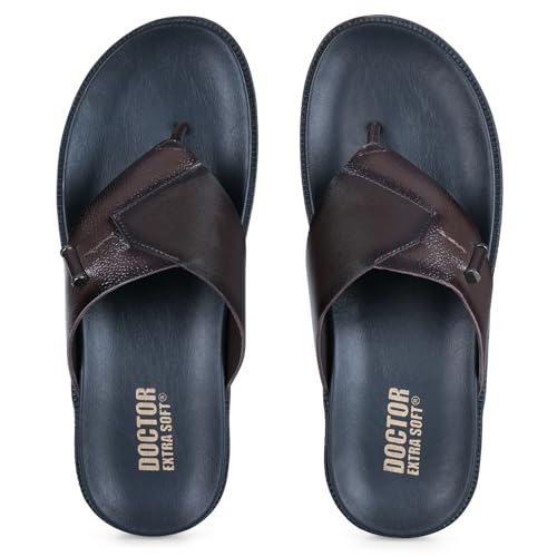 Image of DOCTOR EXTRA SOFT Men's Classic Casual Original Leather Thong Black /Brown Sandals /Chappals with Memory Foam Cushion| Stylish & Non-Slip|Comfortable & Lightweight |Flip flops Slippers Gents & Boys F-2
