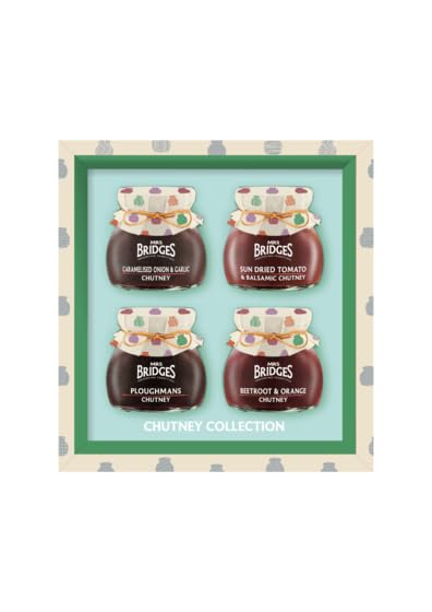 Mrs Bridges Mackays - Tarros de chutneys (4 x 100 g, en caja de presentación, regalo de cumpleaños, chirstmas, cebolla y ajo, remolacha y naranja