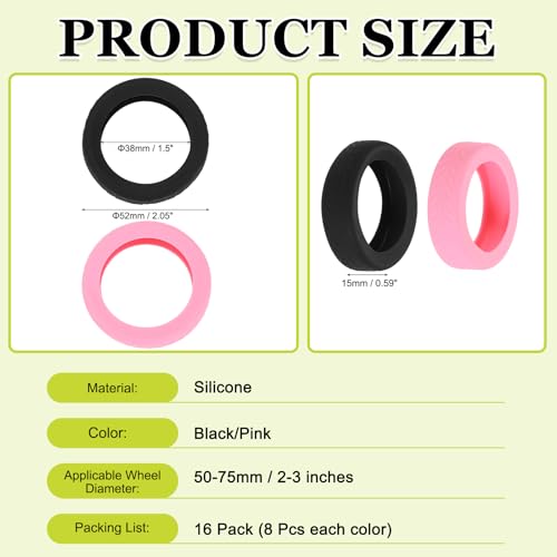 Image of 16 Pack Luggage Wheel Protection Cover, Wear Resistant Anti Noise Silicone Protector Cover for 2-3 inch Spinner Wheel for Suitcase Chairs Caster Travel, Black /Pink