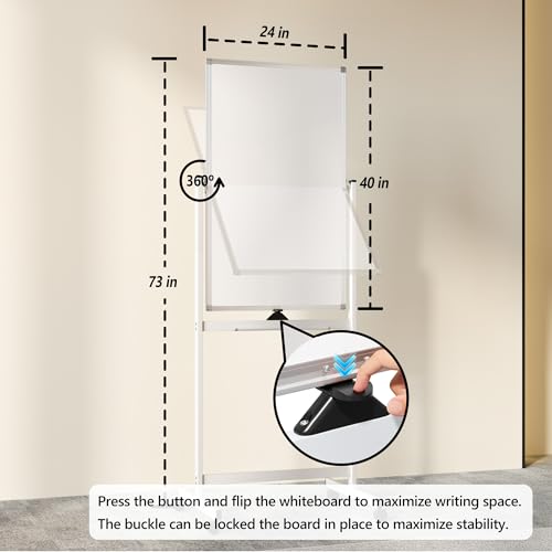 Image of Large Rolling Whiteboard on Wheels, 40 inch x 24 inch Double-Sided Mobile White Board with Stand, Portable Standing Magnetic Dry Erase Board Easel for Home Office Classroom School, Silver