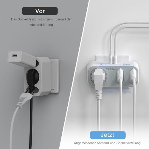 TESSAN Gniazdo USB, Gniazdo Wielokrotne 5 w 1 Ze Złączami USB 2, Adapter Gniazda Wielokrotne Wtyczki 3 z Ładowarką USB (2 gniazda Euro i 1 Schuko) Kompatybilny z Telefonem Laptop, Szary