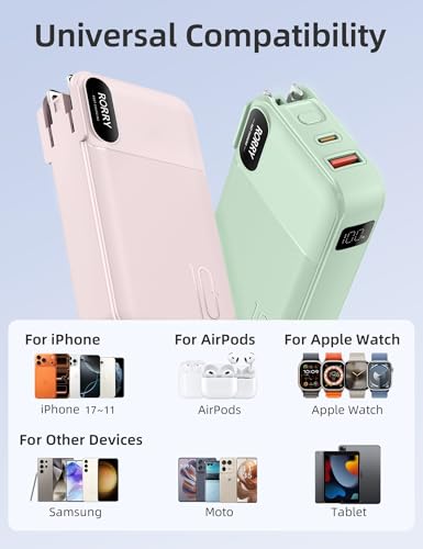 Image of RORRY Portable Charger w /Wall Plug 10000mAh Power Bank 22.5W Battery Pack | Built in Cables, Fast Charging, for iPhone, iPad, Samsung Galaxy, Pixel, LG, Travel Essential, Digital Display, Pocket Size