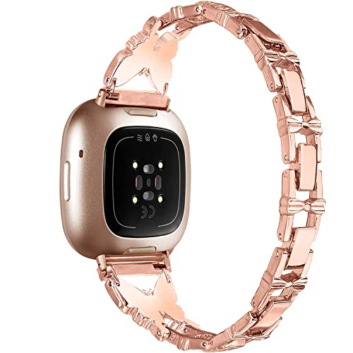 Women Girls Slim Stylish Butterfly Bands Compatible With Fitbit Sense/Fitbit Versa 3,Stainless Steel Jewelry Rhinestone Dressy For Versa 3 / Sense Smartwatch(Rose Gold) #TOP1