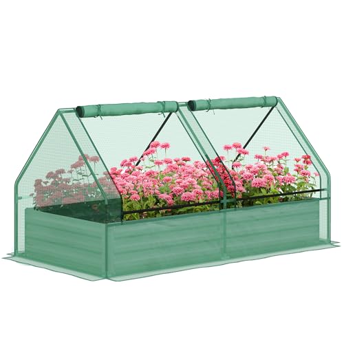 Outsunny Raised Garden Bed with Mini Greenhouse, Outdoor Metal Planter Box with Cover, for Herbs and Vegetables, Use for Patio, Garden, Balcony, Green and Dark Grey