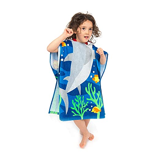 OEM 100% Cotton Kids Childs Boys Girls Lovely Hooded Ponchos Swimming Bath Towel (blue)