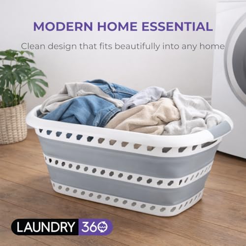 Image of Laundry 360 Collapsible Laundry Basket 40L | Portable | Space Saver Storage | Hold 2 Loads | Store Under the Bed or Closet | Good for Kids | Dorm | Bedroom | Large | White /Grey