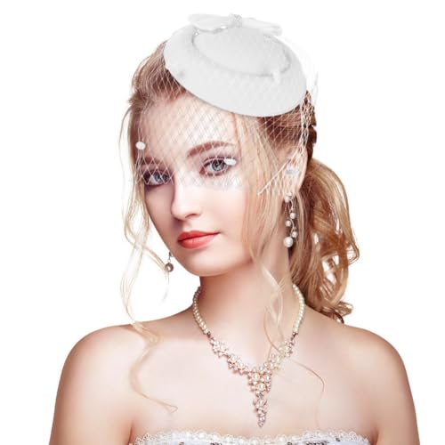 Elegante tocado con velo con pajarita y clip para mujer, diseño de pastillero británico 20S-50S para fiestas de cóctel y reuniones de té, Blanco, talla única