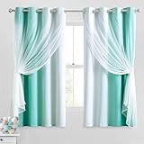 Geomoroccan 100% Blackout Curtains with Sheer Overlay Mix and Match Double Layer Drapes 63 Inch Length 2 Panels for Bedroom Living Room Teal White Ombre Grommet Window Treatment with Tiebacks