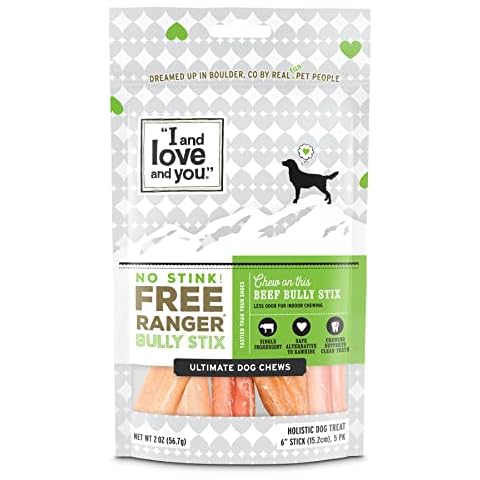 I and love and you No Stink Free Ranger Bully Stix - Beef - Rawhide Alternative, Single Ingredient, Free Range Grass Fed Beef, 6in, 5ct Cover