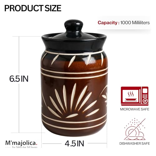Image of Printed Ceramic Handglazed Pickle Jars Set of 1-1000 ML Each | 1 kg Achaar Martban Barni Jar with Lid | Ceramic Storage Jar Container Pickle /Achar, Chatney