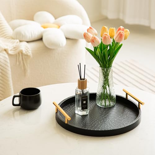 JUMBO HUMBLE Decorative Serving Trays, Set of 2 Wood Modern Crocodile Leather Round Tray with Polished Metal Handles, Decorative Trays Coffee Table Tray Ottoman Platter for Home Decor (Black) by JUMBO HUMBLE - Used condition - Image 5