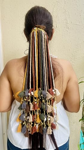 Image of Zippy Flora Boho Handmade Colorful Hair Strings for Navratri | Ethnic Bohemian Hair Accessories for Women & Girls | Multicolor Braided Hairband, Thread Hair Extensions for Festive Styling (Phuljhadi String, Multi Nude Colors)
