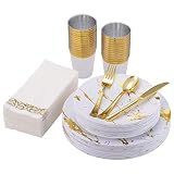 Vplus 175 Count White and Gold Marbling Plastic Plates Sets, Disposable Dinnerware Sets for Party, I