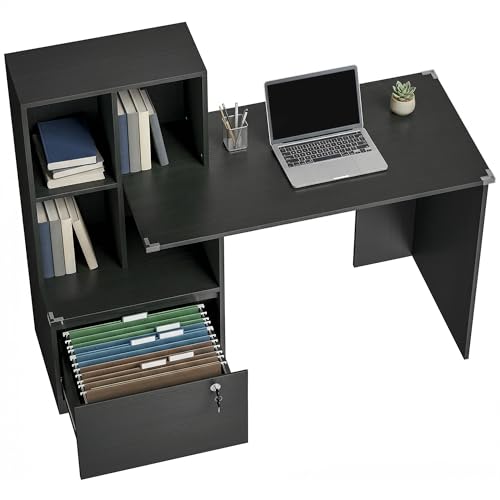 HOMCOM Bureau d'Ordinateur avec Bibliothèque, 4 Compartiments et Tiroir Verrouillable à Dossiers, Patins Anti-Collision, Table Informatique pour Chambre, Salle d'Étude, 126x50x109cm, Noir