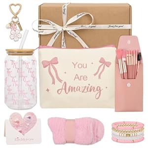 Cadeaus voor meisjes van 8, 9, 10, 11, 12, 13, 14 en 15 jaar: glazen beker met deksel en rietje, make-upborstel sleutelhanger, toilettas, 5-in-1 armband, verjaardagscadeau voor meisjes en vrouwen