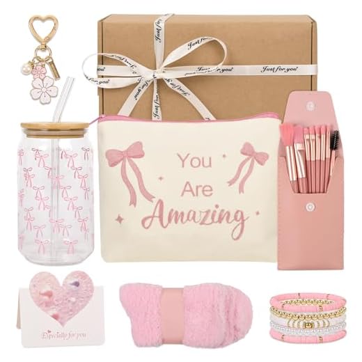 Cadeaux pour les Filles de 9 10 11 12 13 14 15 Ans，Cadeau d'anniversaire pour filles avec verre, paille et couvercle, pinceau à maquillage, porte-clés, trousse à cosmétiques et bracelet 5 en 1