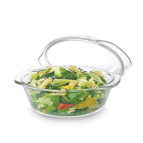 CELLO Angelica Round Casserole Serving Glass Bowl with Lid for Kitchen 2000 ml, Transparent | Microwave & Oven Safe, Dishwasher & Fridge Safe Leadfree Toughened Glass Roti Casserole for Serving Mixing