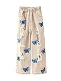 WDIRARA Girl's Butterfly Print Elastic Waist Wide Leg Ripped Jeans Denim Pants Apricot Animal 140