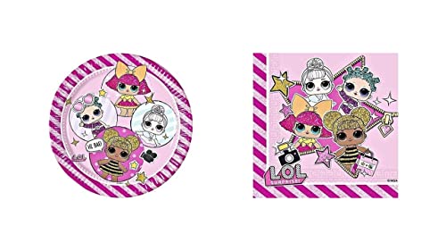 ALMACENESADAN-4761, Pack Fiesta cumpleaños LOL Surprise, Compuesto por 8 Platos de cartón de 23 cm y Paquete de 20 servilletas de Papel 33x33 cm (8435510347611)