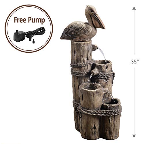 Teamson Home VFD8215 Nautical 3 Tiered Floor Waterfall Fountain With Pelican And Wooden Post, Pump For Outdoor Patio Garden Backyard Decking thumb #2