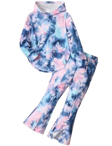 Image of Girls Clothes Tie Dye Sweatsuit Long Sleeve Sweatshirt Tops and Flare Pants 2PCS Girls Fall Clothes