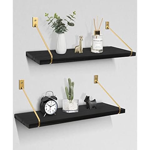 Gronda Black Floating Shelves Wall Mounted for Bathroom Bedroom Living Room Kitchen Office Toilet Organiser Plant Book Storage Display Pine, Gold Floating Shelves 2 Set Cover