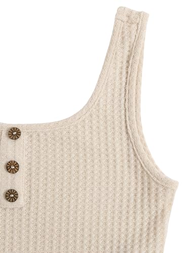 Image of RoseSeek Girl's 2 Piece Outfits Waffle Knit Scoop Neck Button Down Crop Tank Tops Paperbag Waist Track Shorts