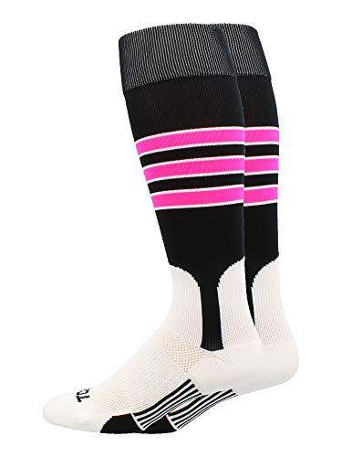TCK Baseball Stirrup Socks with Stripes - Black/White/Hot Pink, Small