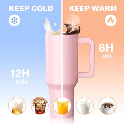 Image of Tumbler with Handle and Straw Lid, Reusable Cup Leakproof Iced Coffee Sipper Mug for Keeping Beverages Water Hot or Cold, Perfect for Travel, Gym 1.2L (Pink)