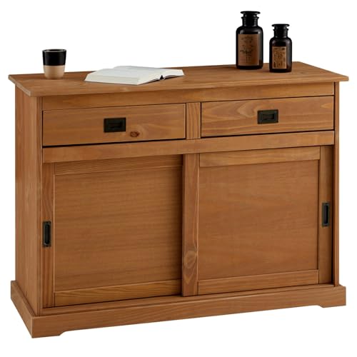 IDIMEX Kommode Savona, Sideboard mit 2 Türen 2 Schubladen, Kiefer massiv, Oberfläche braun lackiert, Buffetschrank, Geschirrschrank, Massivholz