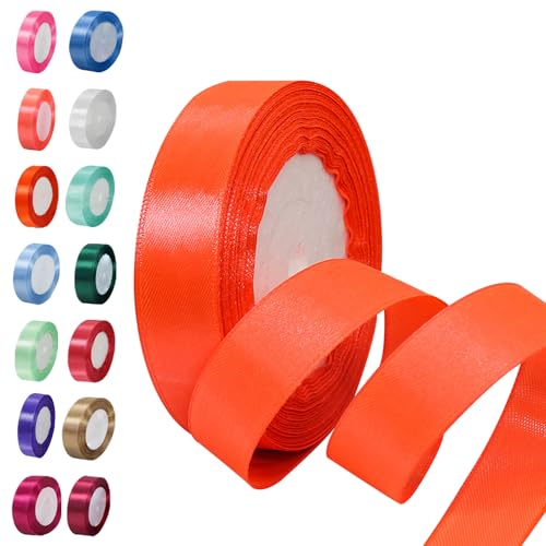 POPOYU Cinta de Satén Fino 20mm x 23m, Cinta de Regalo Naranja Rojo, Rollo de Cinta de Raso, Cinta de Navidad, Cinta Decorativa para Envolver Regalos, Boda, Lazo, Bautizos y Manualidades