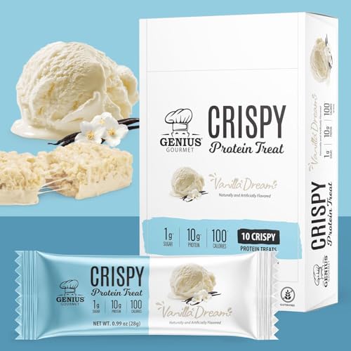 Genius Gourmet Crispy Protein Treat, Vanilla Dream, Keto Snack, Low Carb, Low Sugar & Gluten Free, Protein Snacks for Adults, 10G of Whey Protein per Protein Bar, 5 Net Carbs, On The Go Snack, 10 CT