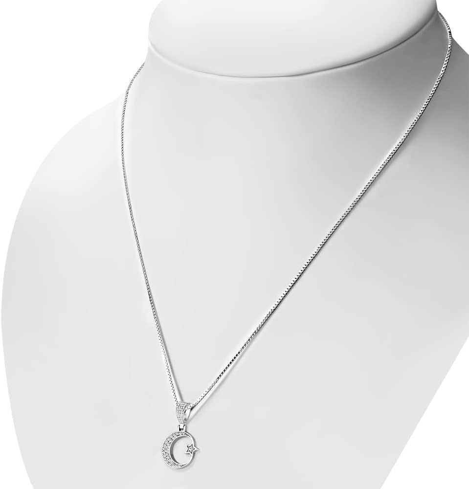 My Daily Styles 925 Sterling Silver CZ Islamic Muslim Pendant Necklace with Crescent Moon and Star Design