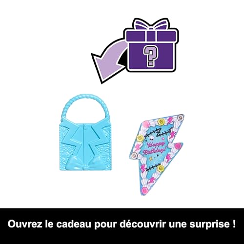 Monster High Poupée Frankie Stein Anniversaire Monstrueusement Mémorable avec robe de fête noire et accessoires à thèmes dont un ballon, un cadeau et un rouge à lèvres, JBG75